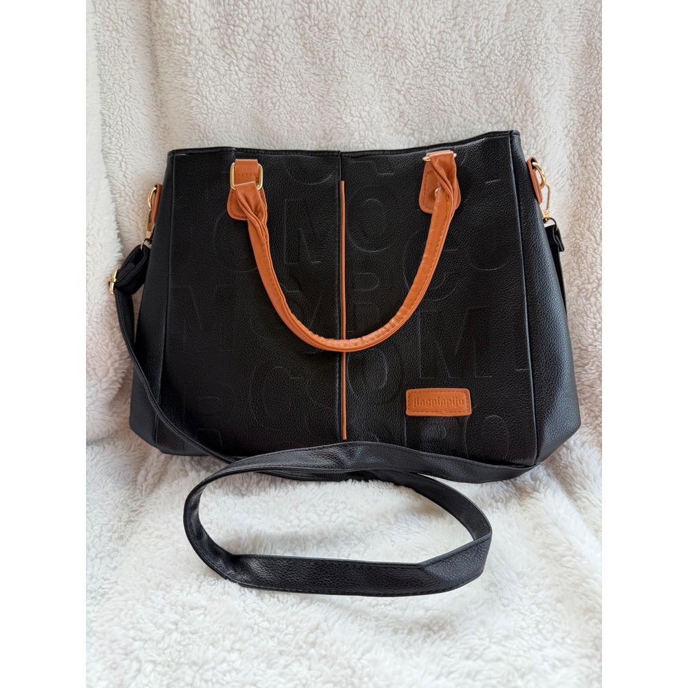 Jingpinpiju Black Faux Leather Embossed Satchel Handbag with Tan Handles